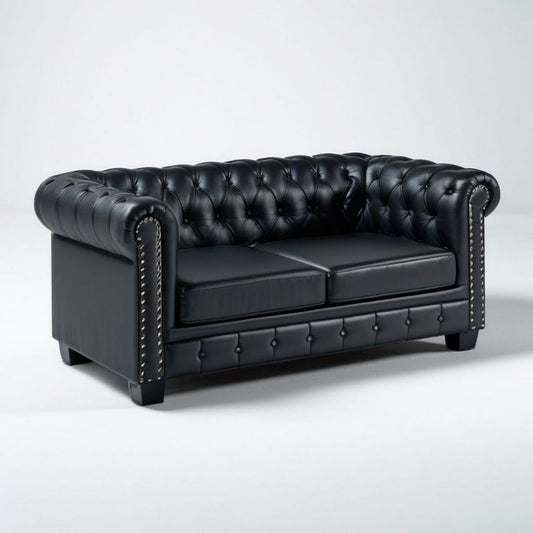 Chesterfield Sofa, 2-Sitzer, 170 x 90 x 75 cm, Schwarz mit silberfarbenen Ziernägeln
