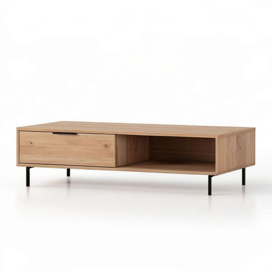 Couchtisch aus Eichenfurnier mit Schublade und offenem Fach, Natur/Schwarz, 120 x 60 x 40 cm