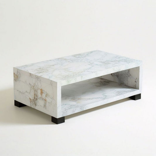 Rechteckiger Couchtisch 100 x 60 x 40 cm in Weiss/Grau Marmoroptik mit schwarzem Fussgestell und offenem Ablagefach