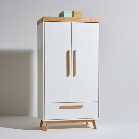 Kleiderschrank mit 2 Türen und Schublade, 80 x 40 x 180 cm, Weiss/Natur