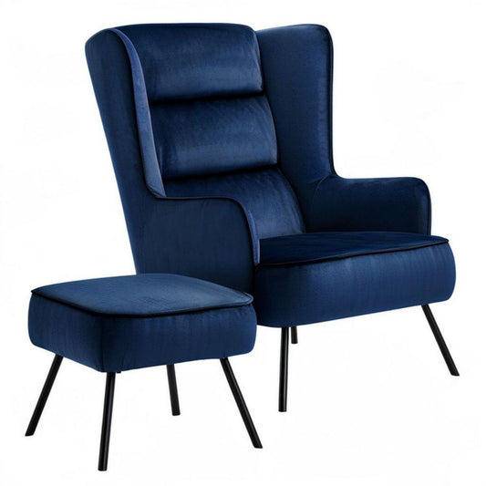 Ohrensessel-Set mit Hocker aus Polyestersamt, Dunkelblau/Schwarz, Sessel 75 x 85 x 105 cm, Hocker 55 x 45 x 42 cm