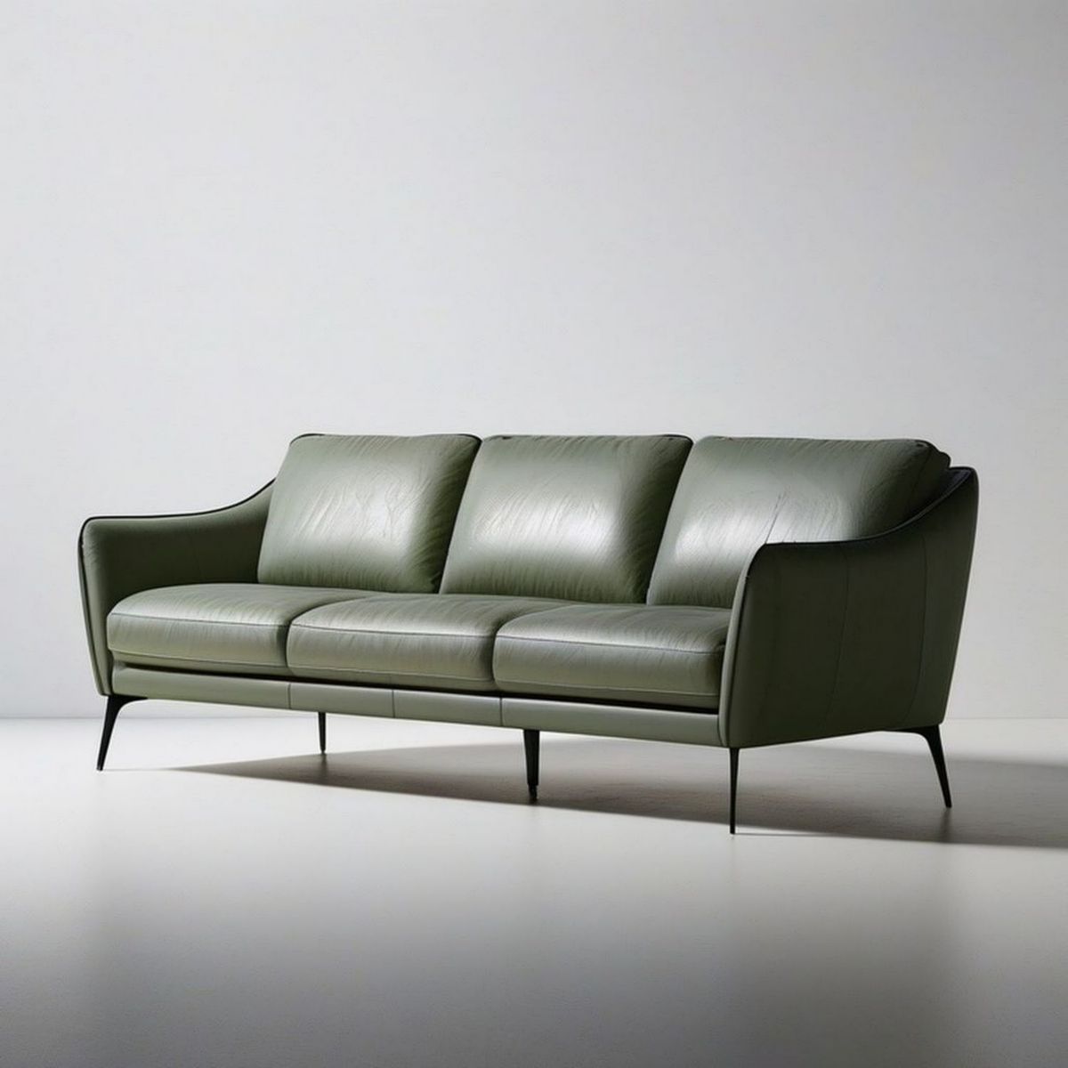 3-Sitzer-Sofa 220 x 90 x 85 cm aus olivgrünem PU-Kunstleder mit schwarzen Stahlbeinen