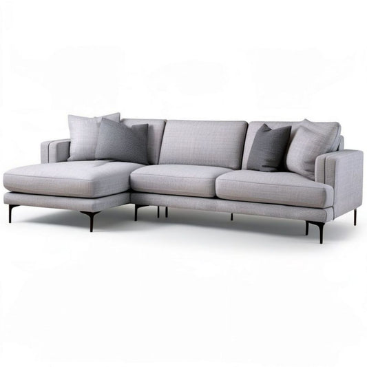 Ecksofa mit linker Recamiere, 280 x 160 x 85 cm, Hellgrau, Polyesterbezug, schwarze Stahlfüsse