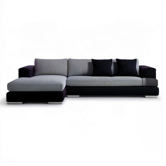 L-förmige Polstergarnitur mit linker Recamiere, 290 × 165 × 85 cm, Grau/Schwarz/Silber, Polyester